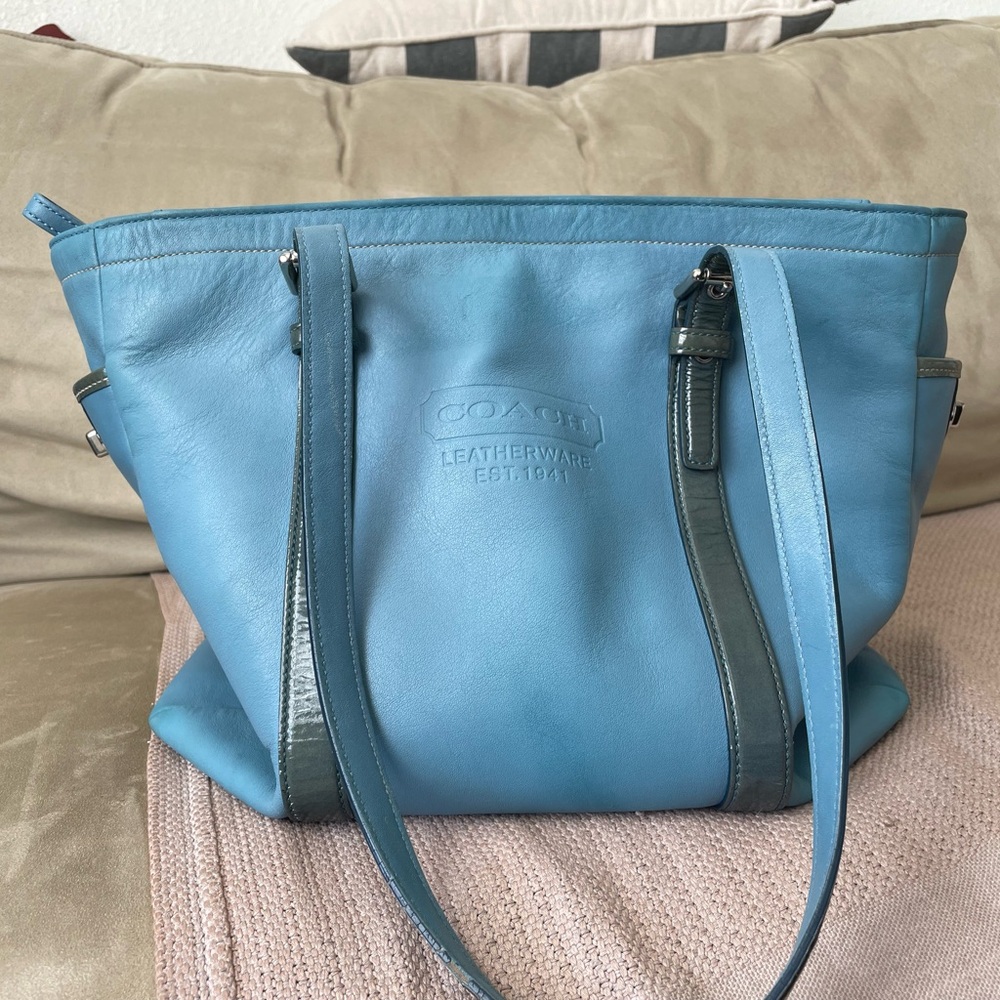 Vintage Coach 5787 Blue/Teal Patent Leather Trim Gallery Tote Bag large Tiffany